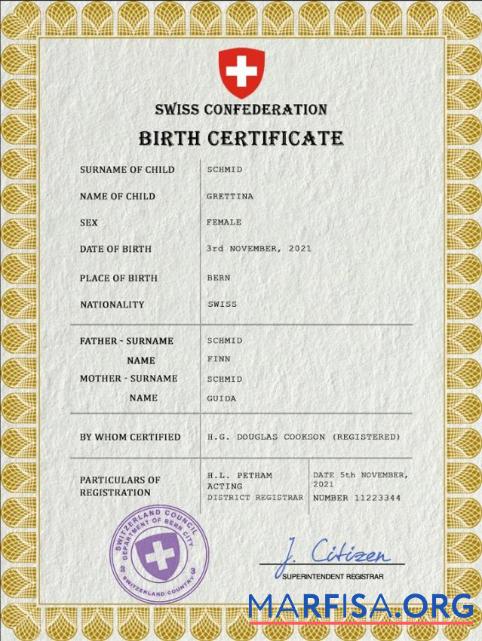 Realistic Switzerland vital record birth certificate PSD template